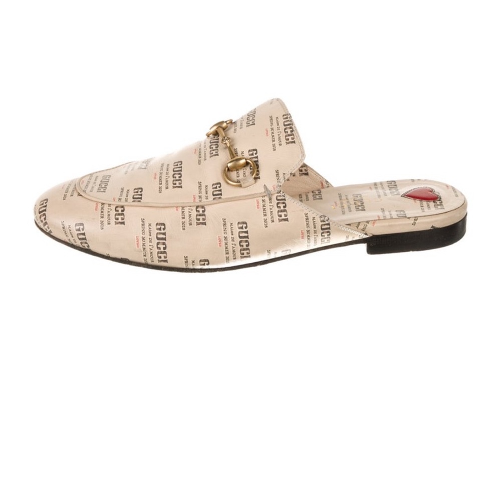 Gucci Beige Logo Stamp Leather Princetown Horsebit Mules